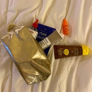 NWOT Ulta Glitter Gold Cosmetic Bag with Pom